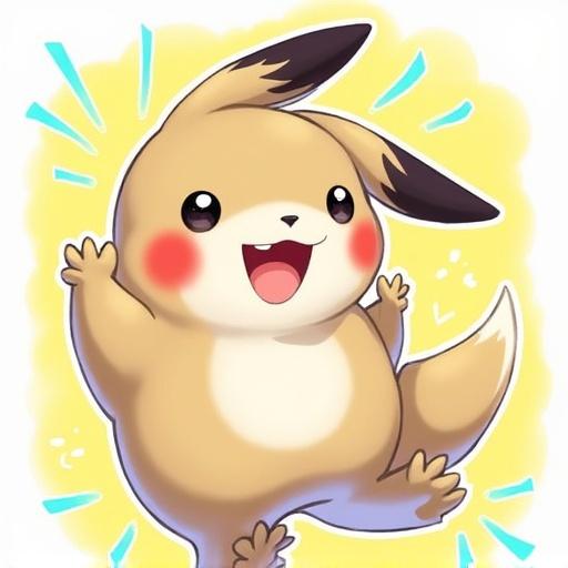 A cute cartoon character resembling Pikachu. Character has rounded features, big eyes, and a cheerful smile. It stands with raised arms and has a playful expression. Background is bright and colorful with a glow.