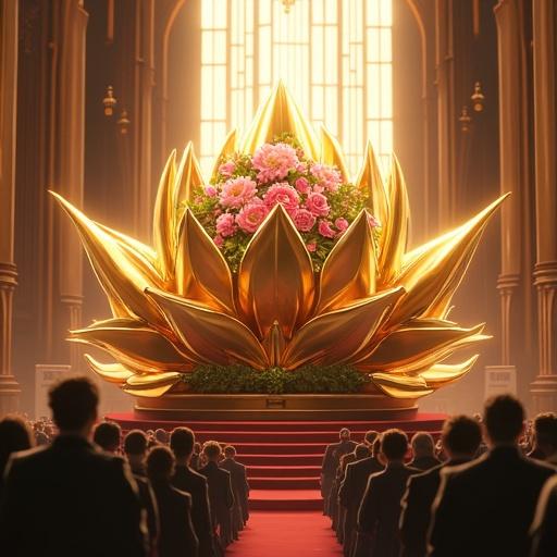 Anime scene set in 2067 showcasing a golden lotus casket inside a church. Summer morning ambiance with flowers on top of the casket. The setting includes a crowd mournfully paying respects to the Queen of the Kanji Kingdom, evoking a sense of loss and remembrance.