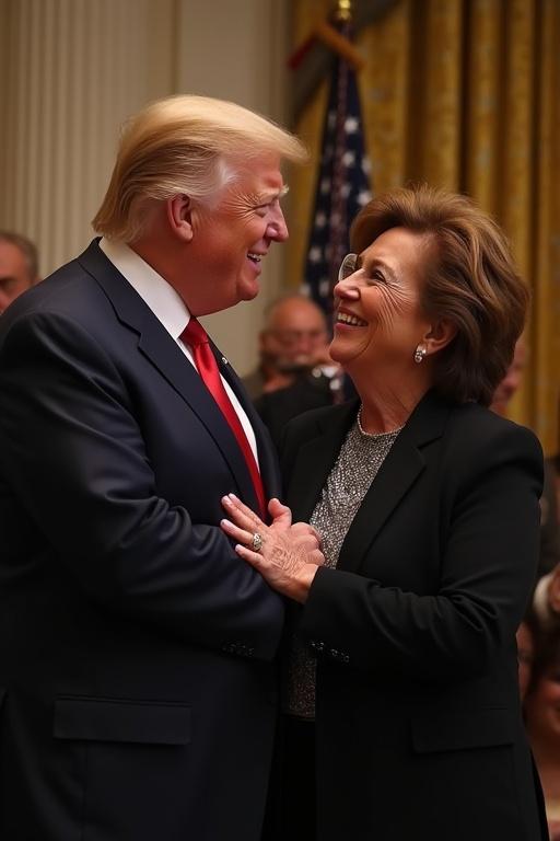 Donald Trump interacting closely with Claudia Sheinbaum in a warm setting. Both individuals are smiling and engaging positively. The background features a flag and elegant decor.