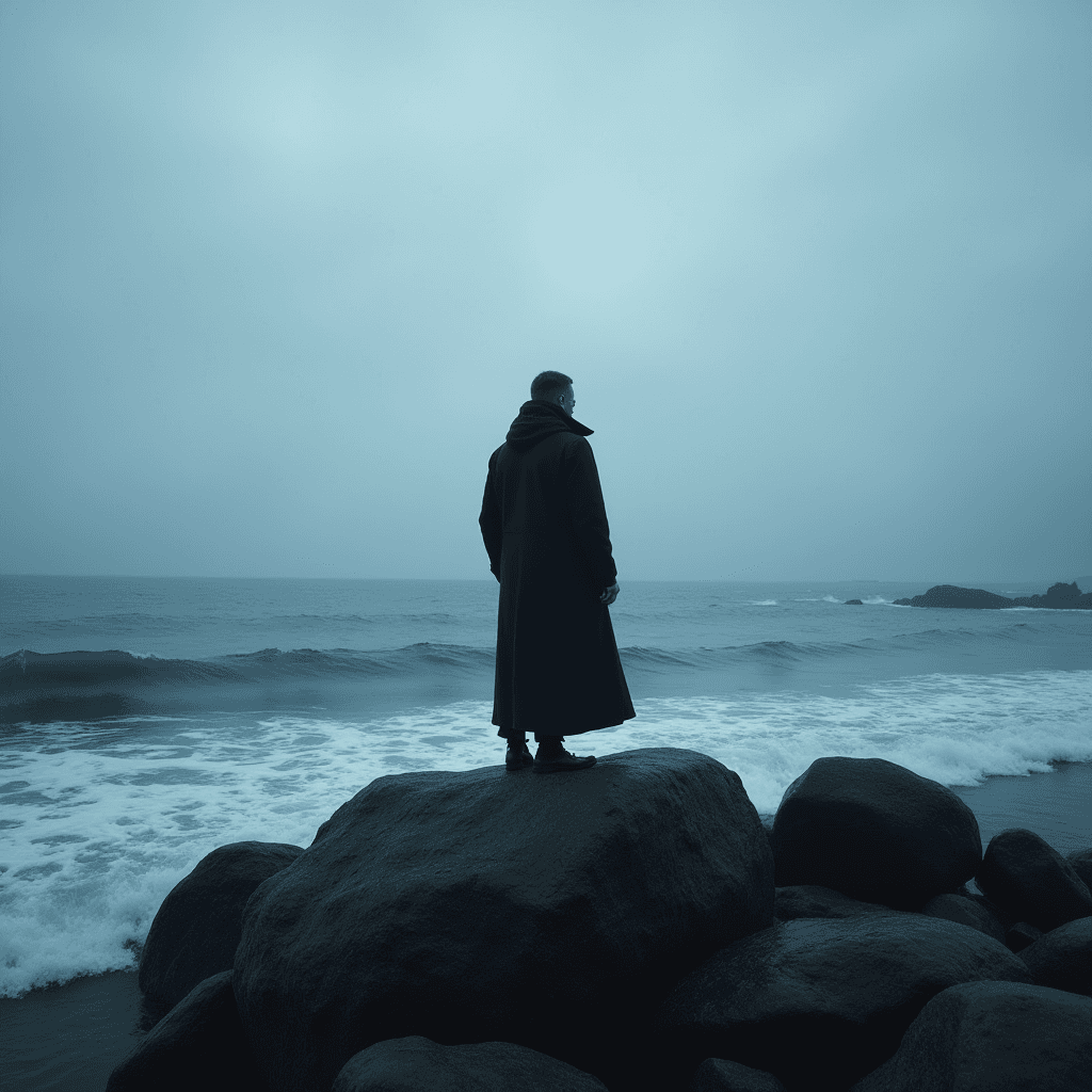 A solitary figure stands on a rock, gazing out at an overcast sea.