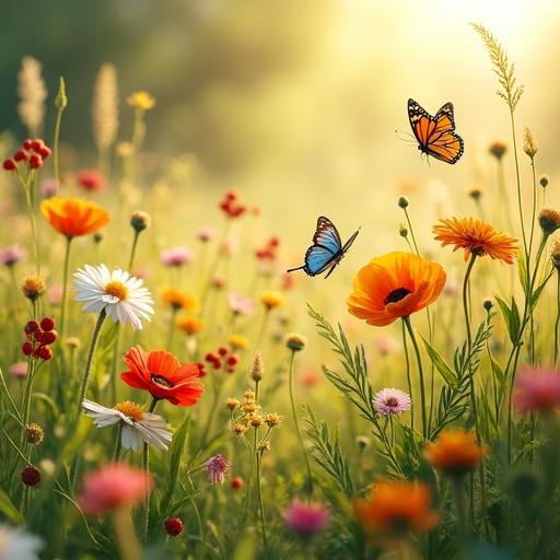 A field filled with blooming wildflowers. Flowers include daisies, poppies, and sunflowers. Butterflies with blue and orange wings fly around. The sunlight creates a soft glow. The background is blurred with rich colors. The focus is on flowers and butterflies.