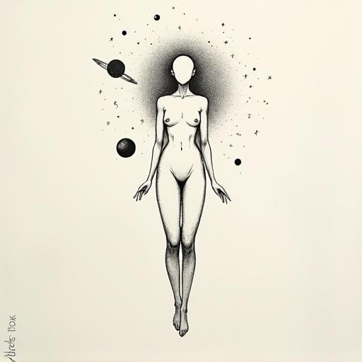 Image of a perfectly proportioned human body without hair or gender-specific anatomy. Facial area is smooth and neutral. Figure levitates in space surrounded by stars and planets. Sketch is monochrome with delicate ink lines on textured paper. Mood is serene. Inspired by traditional Asian brushwork.