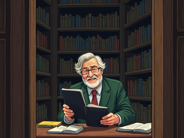 A cartoonish scene in a library with bookshelves. An elderly man sits at his desk holding a black notebook. He smiles and wipes away a tear while looking at the notebook in a cozy alleyway setting.