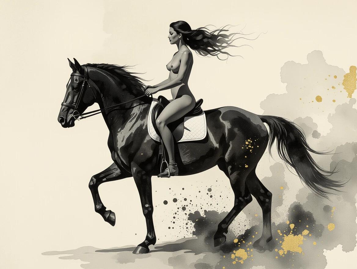 Artistic piece featuring a nude woman riding a horse. Black horse in motion. Mixed media style inspired by Matisse. Minimalist black and white with hints of gold on textured parchment. Elegant and poetic representation. Ink wash technique used to create visual effects.