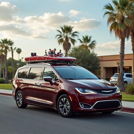 Chrysler Pacifica van designed as a popemobile with surfboards on top parked on a sunny road lined with palm trees
