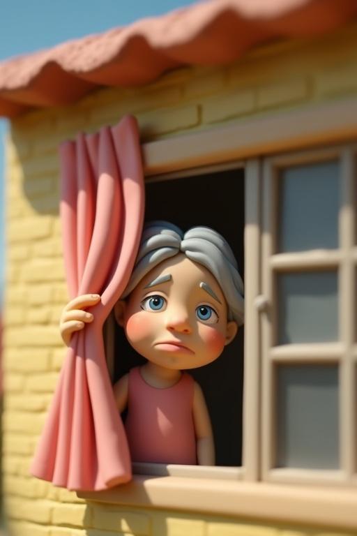 A claymation-style animation of a house with a woman peeking out from the window. She looks worried and curious, holding a curtain open. Scene lit with soft morning light. Clay textures and subtle motion visible.