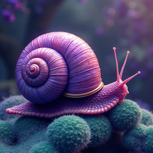 Neo psychedelic art style featuring a snail with a violet-purple and dark-sea-green color palette. Snail sits on green textured surface, rich purple swirls on its shell. Soft light enhances colors.