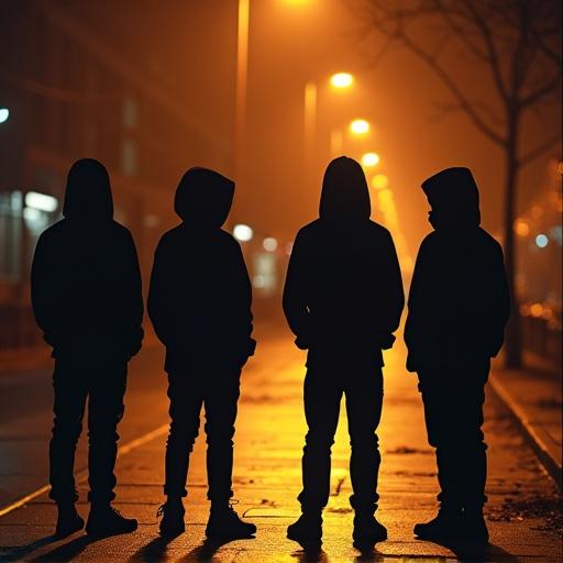 Four boys wearing black hoodies on the sidewalk. They are facing away from the viewer. Warm streetlights illuminate the scene at night. The angle is from above. The image has a hyper-realistic style. The tones are warm and create a photo-realistic effect. High detail can be observed in the scene.