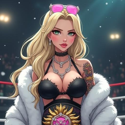 Anime scene featuring a woman with emerald green eyes and light blonde hair. She wears a sexy ninja outfit with a white fur coat in a luxurious martial arts arena. The character has a confident expression, showcasing her intricate tattoos and unique style. A championship title belt is on display.