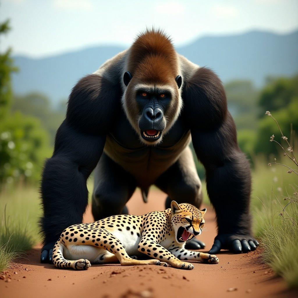 Massive gorilla stands over defeated cheetah on dirt path. Intense expression, powerful musculature. Cheetah has spotted coat, mouth open in pain. Gorilla's eyes show aggression, cheetah is submissive. Lush green vegetation, distant mountains in background. High-contrast lighting enhances scene. Detailed textures of fur, skin, ground with vivid colors. Photographic realism.