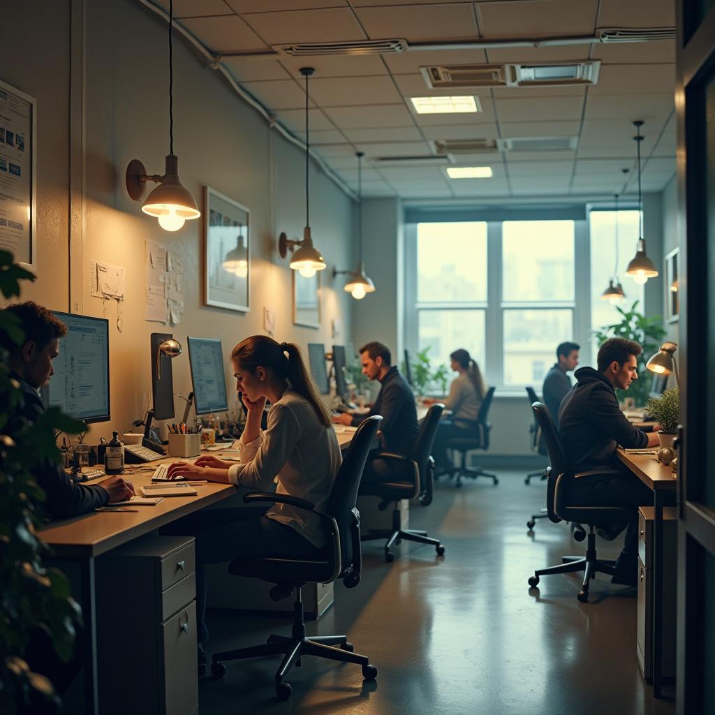 The image depicts a modern office environment filled with individuals deeply engaged in their work. Each person is seated at their desk, surrounded by plants, illustrating a blend of productivity and tranquility. The warm, ambient lighting creates a cozy atmosphere reminiscent of a Hobbit's home. This setting highlights the comfort of office life while subtly evoking the whimsical nature of Hobbit dwellings. The overall vibe suggests harmony between work and relaxation, making it a perfect illustration for themes of modern work culture.