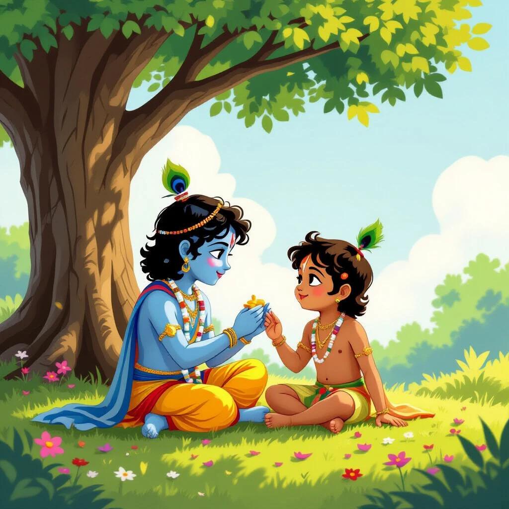 Young Krishna and his friend playing together in a mythological background under a tree