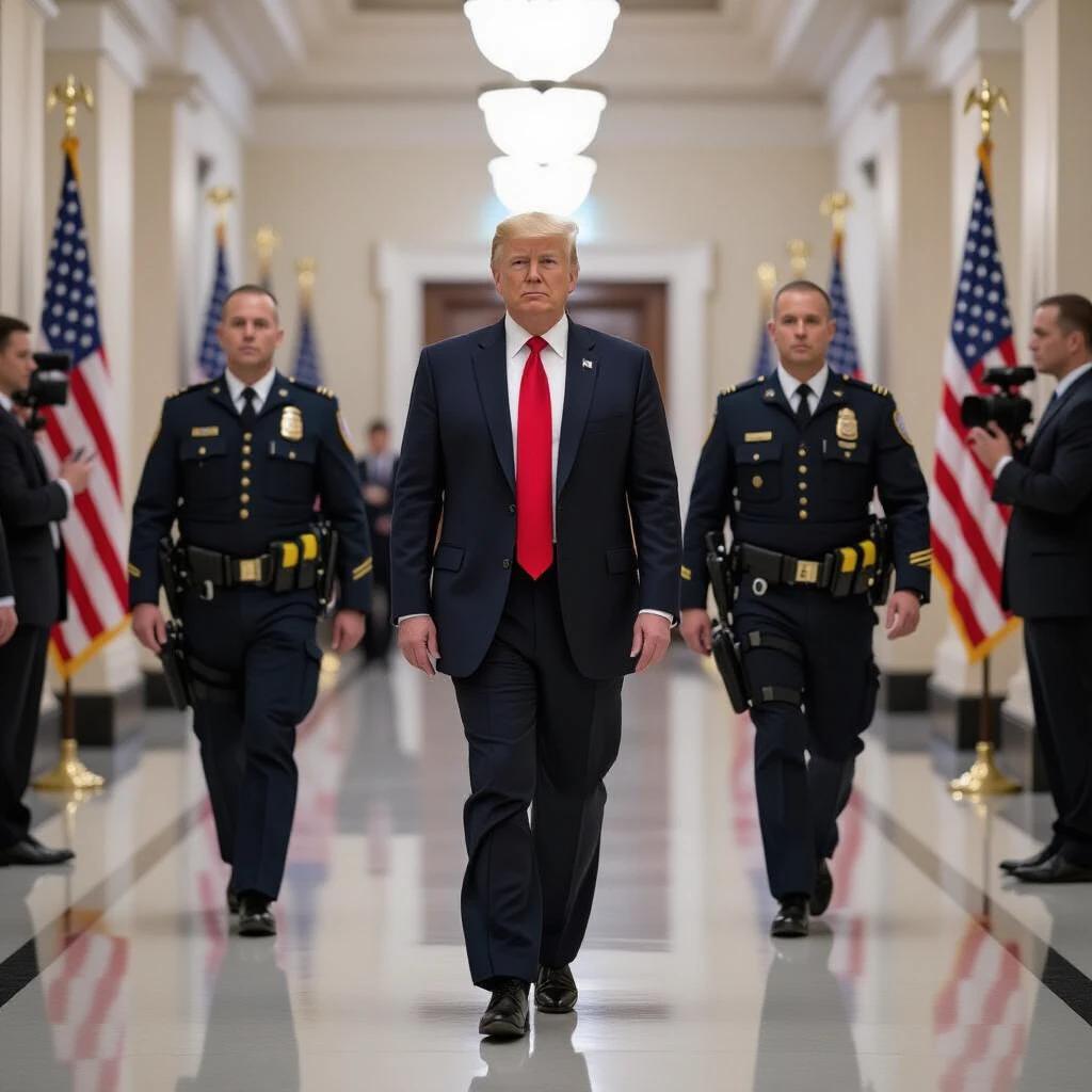 Realistic scene shows a person walking in a government hallway. Two agents accompany the person. The person's posture appears stiff. One agent shows concern. Background features government architecture with flags and cameras. Captured in natural lighting with a documentary style.