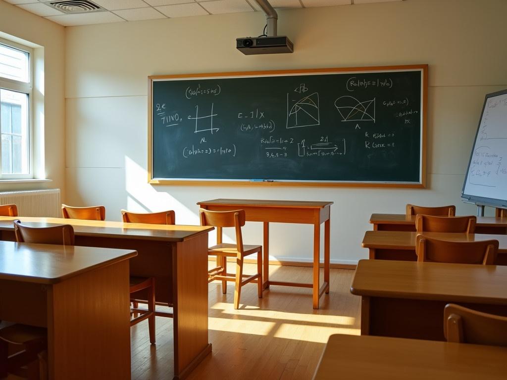 The image shows a classroom setting with wooden desks and chairs arranged in rows. The desks have a varnished finish, giving them a polished look. At the front of the classroom, there is a large black chalkboard displaying mathematical equations and graphs. A projector hangs from the ceiling, likely used for presentations, next to a whiteboard. Sunlight comes through the windows, illuminating the space and creating a warm atmosphere. A few chairs are pushed in, while one is slightly pulled out, suggesting the room is ready for a lesson or is in use. Overall, the classroom appears neat and organized, reflecting a typical educational environment.