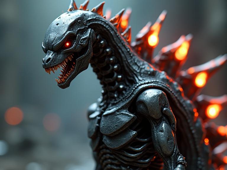 Create a live action image featuring a dark silver liquid metal robot resembling a skinny mechanical Godzilla skeleton with glowing reddish-orange LEDs. Include blocky mechanical dorsal spines and intricate details like small wires and realistic textures. Emphasize shadows, reflections, and specular highlights for realism.