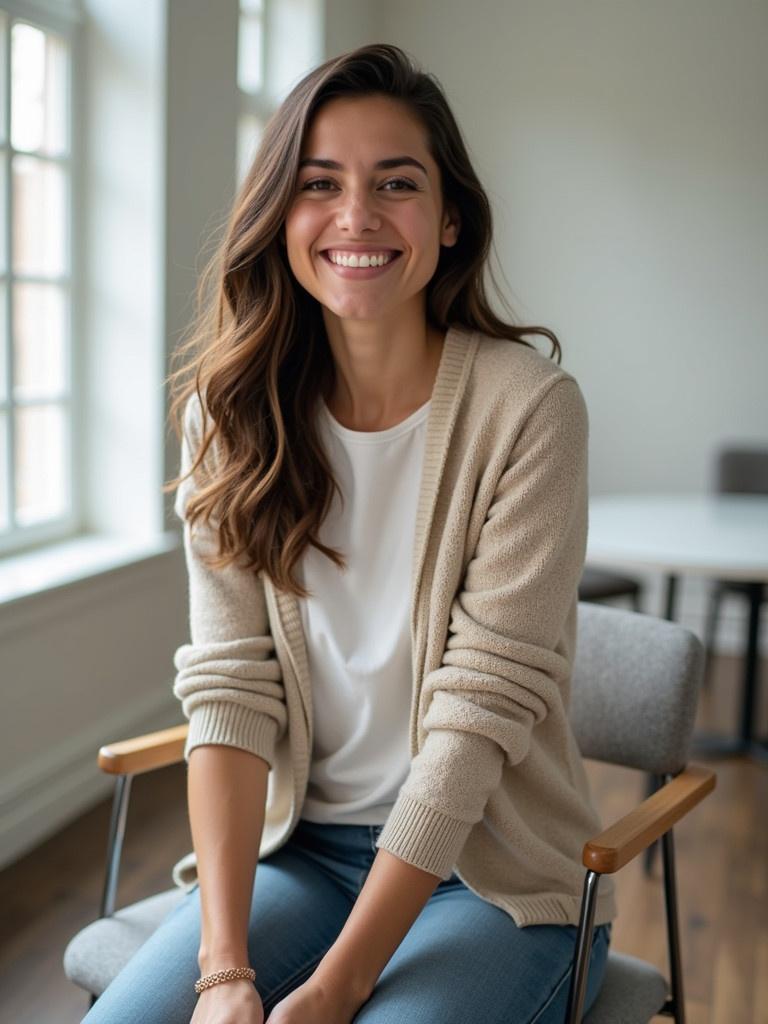 A woman sits in a comfortable chair. She wears a light cardigan and a simple white shirt. The setting is bright with large windows. The mood is calm and serene. The focus is on her relaxed posture. The background is softly blurred, emphasizing her presence.