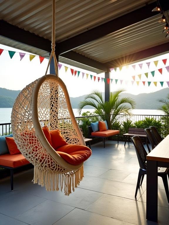 Bright outdoor riverside patio designed for relaxation. Features a macrame swing chair, colorful cushions, and decorative flags. Decor includes tropical plants and a dining area. Inviting atmosphere for gatherings.