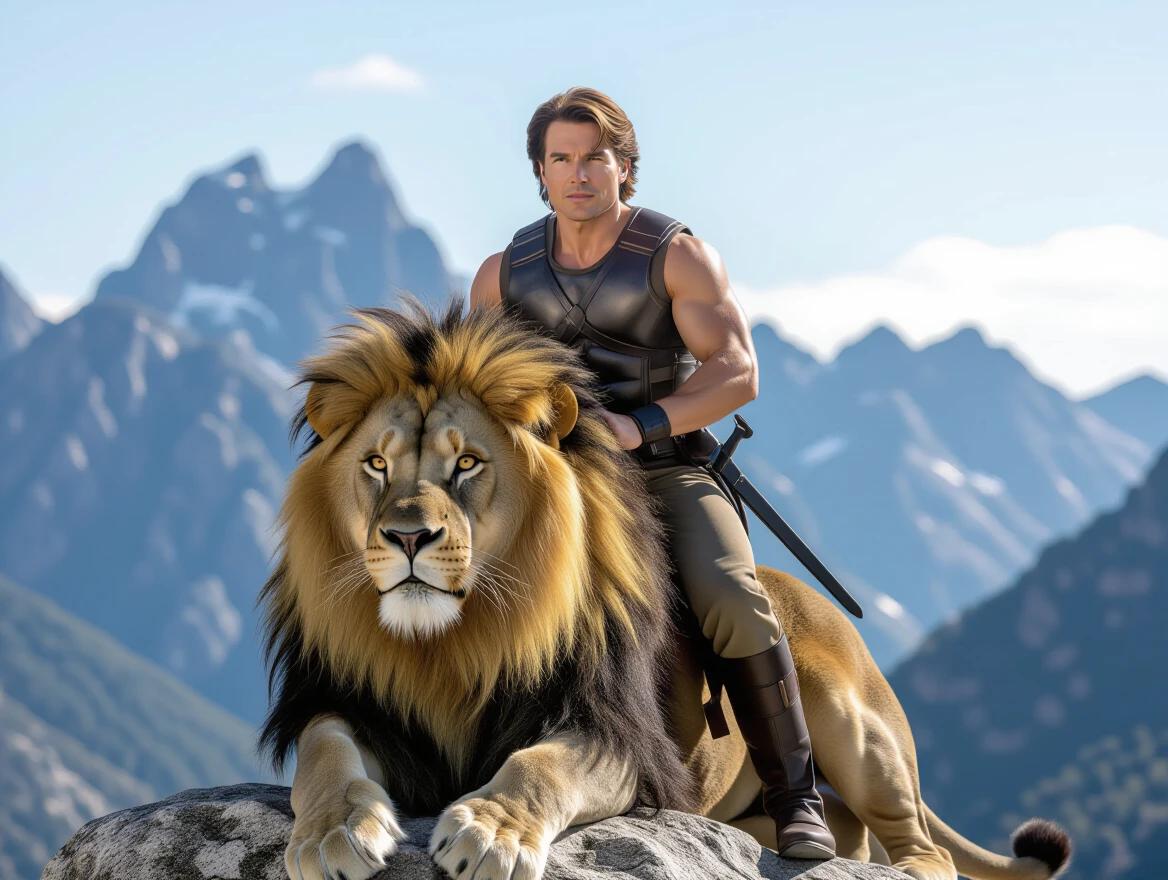 A young muscular man in a warrior outfit rides a majestic lion. The scene is set on a rocky outcrop in the mountains. The character displays confidence with a sword at his side. Sunlight shines on the environment, highlighting both the man and the lion. The background features dramatic mountain peaks.