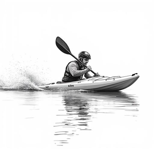 Digital illustration depicting kayaking. Man in sporty outfit paddling kayak on water. Helmet worn. Distinct hull design of kayak. Dynamic waves created by paddling action.