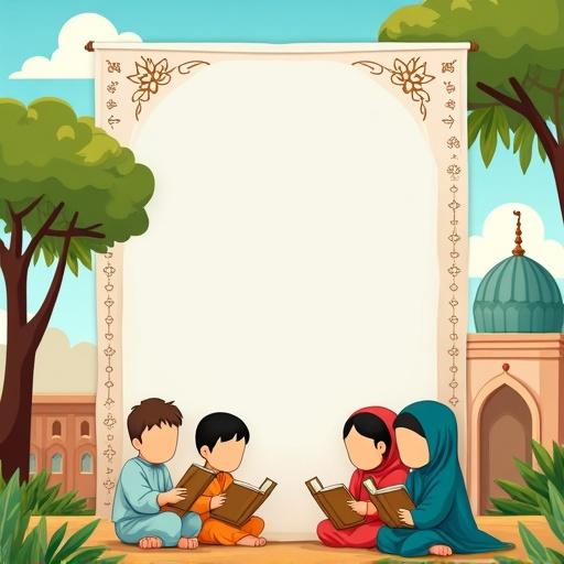 Cheerful poster for Islamic summer camp. Outdoor scene with mosque background. Children playing and reading in traditional clothing. Blank faces in Islamic art style. Soft cartoon-like style with bright colors. Subtle Islamic patterns on borders. Blank area for Arabic text later.