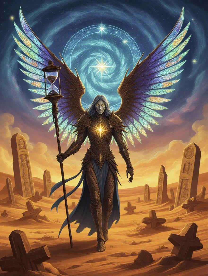 An ancient angel walks through a graveyard of fallen stars. The angel has skin resembling tree bark and stained glass wings. It carries a staff with an hourglass full of stars. The sky is a swirl of nebulae. Fireflies light the path.