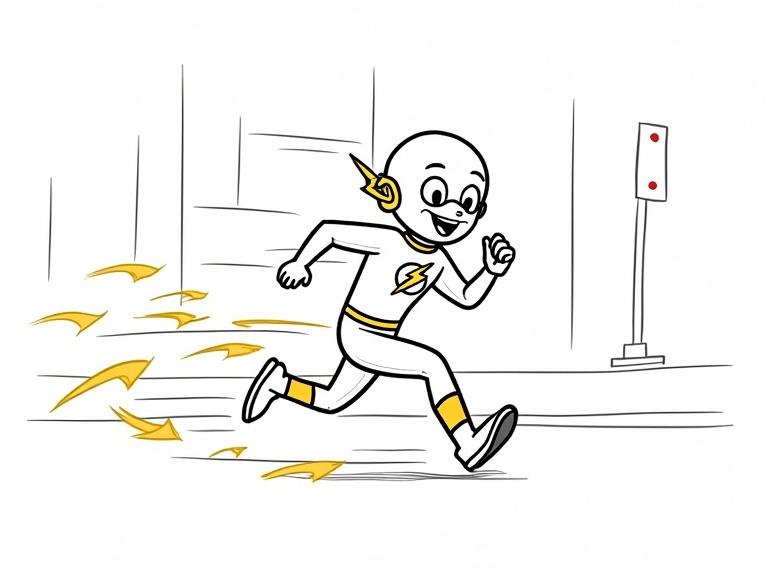 Kid-friendly coloring page with bold outlines featuring The Flash running joyfully in a simple city setting. Cartoon style with exaggerated motion lines behind him. Buildings sketched lightly in the background. Suitable for children to color.