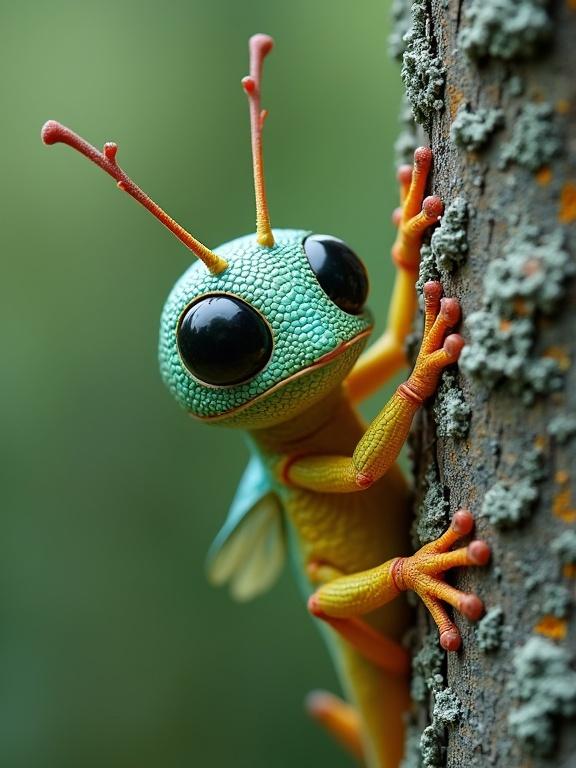 Fantasy insect-like creature resembling a grasshopper and lizard. Colorful vibrant design with turquoise head and large black eyes. Creature clings to tree trunk with clawed limbs. Bright yellow body with orange details and bluish wings. Soft green background establishes forest ambiance. Intricate textures emphasize realism.