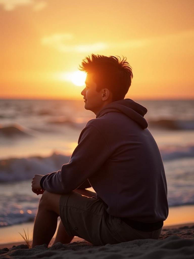 A young man is sitting on the beach. He is looking at a sunset over the ocean. Waves are gently rolling onto the shore. Sand is beneath him. The colors of the sunset create a warm atmosphere.