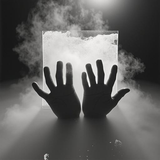 Hands emerge from a chemical bath. Foggy photographic paper is in view. A latent image appears to swim in developer fluid. Atmosphere is dramatic and mysterious.