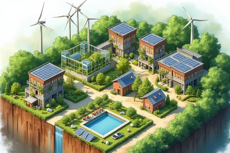 Isometric illustration represents a sustainable city connected with nature. It shows vertical farms wind turbines and solar panels. Circular food systems livestock and greenhouses are included. Natural water filtration systems and diverse housing styles are visible. The watercolor style adds a serene atmosphere. Lush greenery envelops the scene demonstrating a blend of architecture and nature. Emphasis on sustainability.