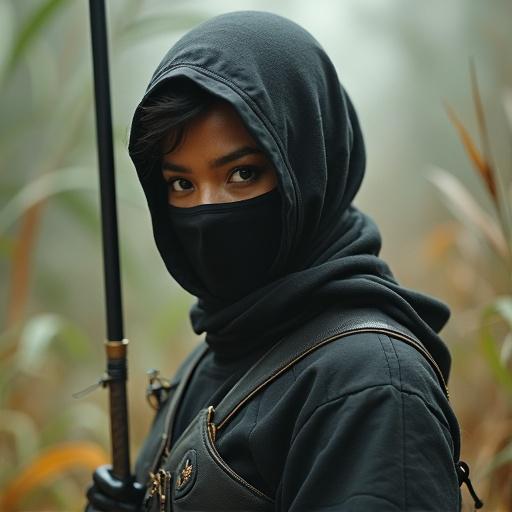 Black woman dressed as a ninja standing in a field with a sword. Woman is wearing a black hood and mask while focusing on a large mosquito. Background is blurred with muted natural colors. Atmosphere feels mysterious and adventurous.
