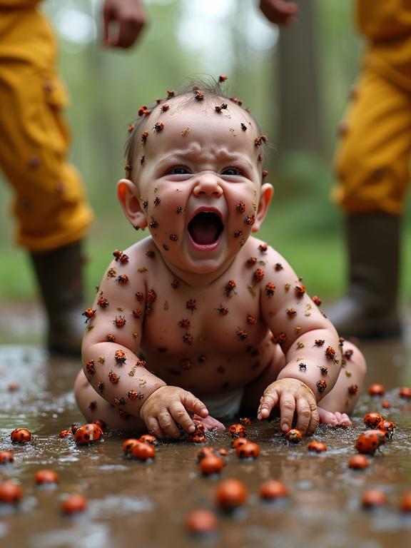Scene featuring a baby covered in ladybugs sitting in muddy puddle. Baby looks distressed with wide eyes and open mouth. Ladybugs crawl on the baby's skin. Two rescue workers in bright yellow uniforms rush to assist the baby.