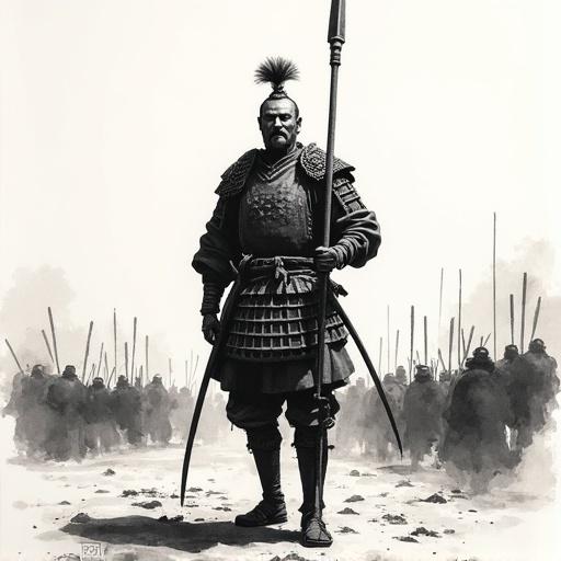 Traditional ink wash style illustration of foot soldier from Sengoku period. Soldier stands confidently with spear vertical. Brave commanding posture expressive face showing determination. Brush strokes texture gradation typical of sumi-e evokes movement. Blurred background suggests battlefield. Rendered black white emphasizes historical gravity.