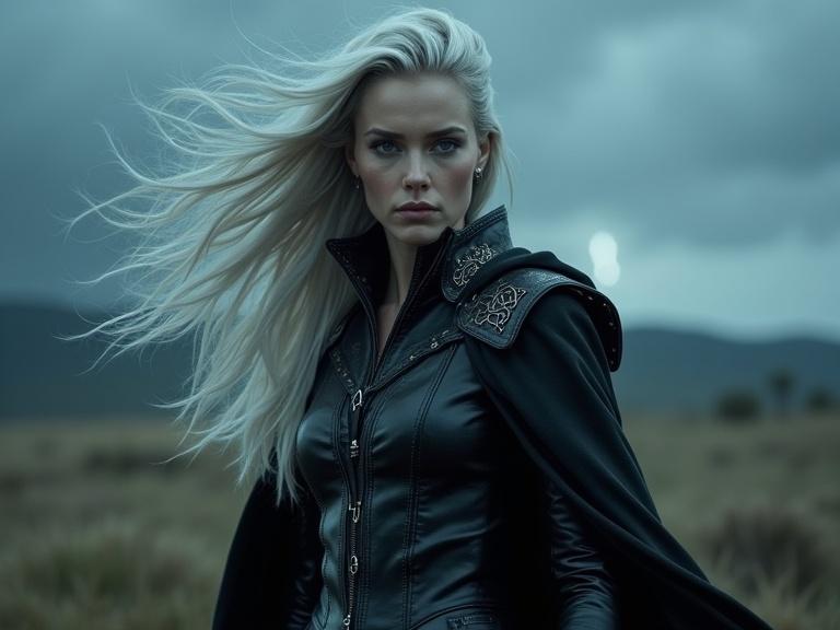 A young Nordic villainess stands in a dark stormy landscape. Her silver hair billows in the wind. She has a cold calculating gaze. Her outfit is rich black leather with metallic accents. She has an athletic poised figure. Lightning flickers in the background. The scene feels intense and urgent.