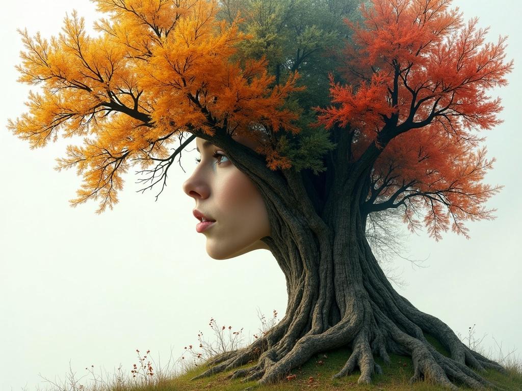 Captivating image illustrating an oak tree trunk in double exposure featuring a female face. Bark layers depict four seasons. The artistry conveys nature's cycle and human form seamlessly blended, showcasing textures and colors unique to each season.