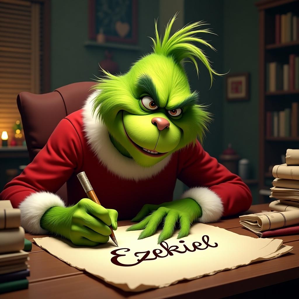 The Grinch with green fur in a Santa outfit writes the name Ezekiel on a parchment. Books and a cozy chair are present.