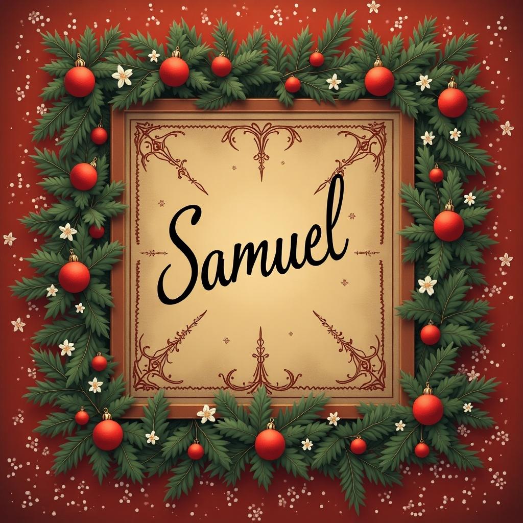 Christmas present label designed for a person named Samuel. Features festive elements like red ornaments and green foliage. Elegant cursive writing for the name.