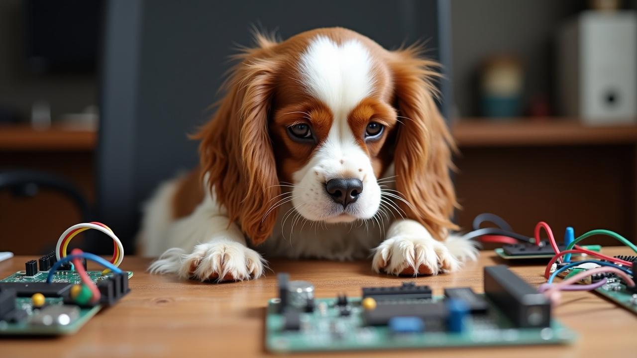 A Cavalier King Charles Spaniel is intently focused on a DIY electronics project. The dog, with its distinct brown and white fur, is surrounded by colorful wires and circuit boards on a wooden desk. Its expression conveys curiosity and concentration as it investigates the gadgets in front of it. This setup combines the charm of a beloved pet with the intrigue of technology. The scene captures a moment of playful investigation in a cozy workspace.