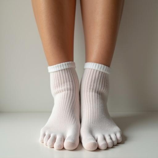 Close-up view of two women's feet in a single sock featuring individual toes. Socks fit snugly against the skin. Soft lighting with a neutral background.