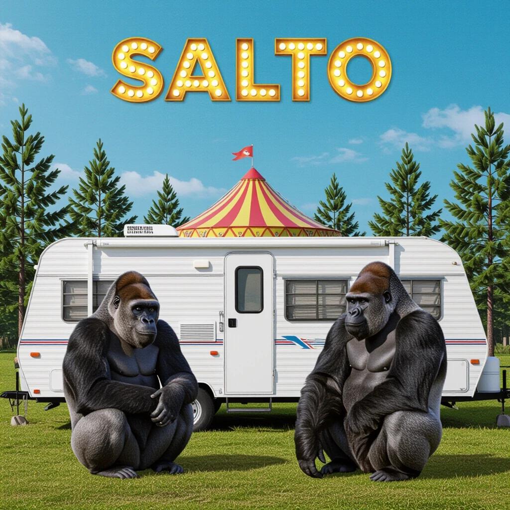 Bright blue sky with two large gorillas sitting in front of a mobile home. The background features tall pine trees and the top of a circus tent with the word Salto visible.