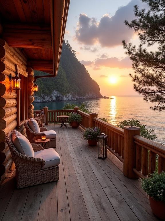 Captivating coastal mountain sunset from wooden terrace of rustic cabin. Cozy log cabin made of natural logs with lantern-style lights. Light wooden deck with wicker chairs and potted plants. Ocean reflecting sunset hues with rugged cliffs and trees. Calm and romantic mood.
