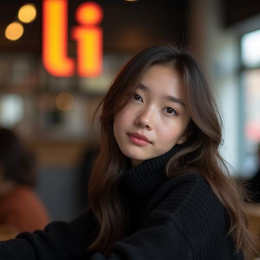 Image of modern café. Young woman in dark sweater. Warm lighting creates comfort. Blurred sign in background. Serene and calm mood.