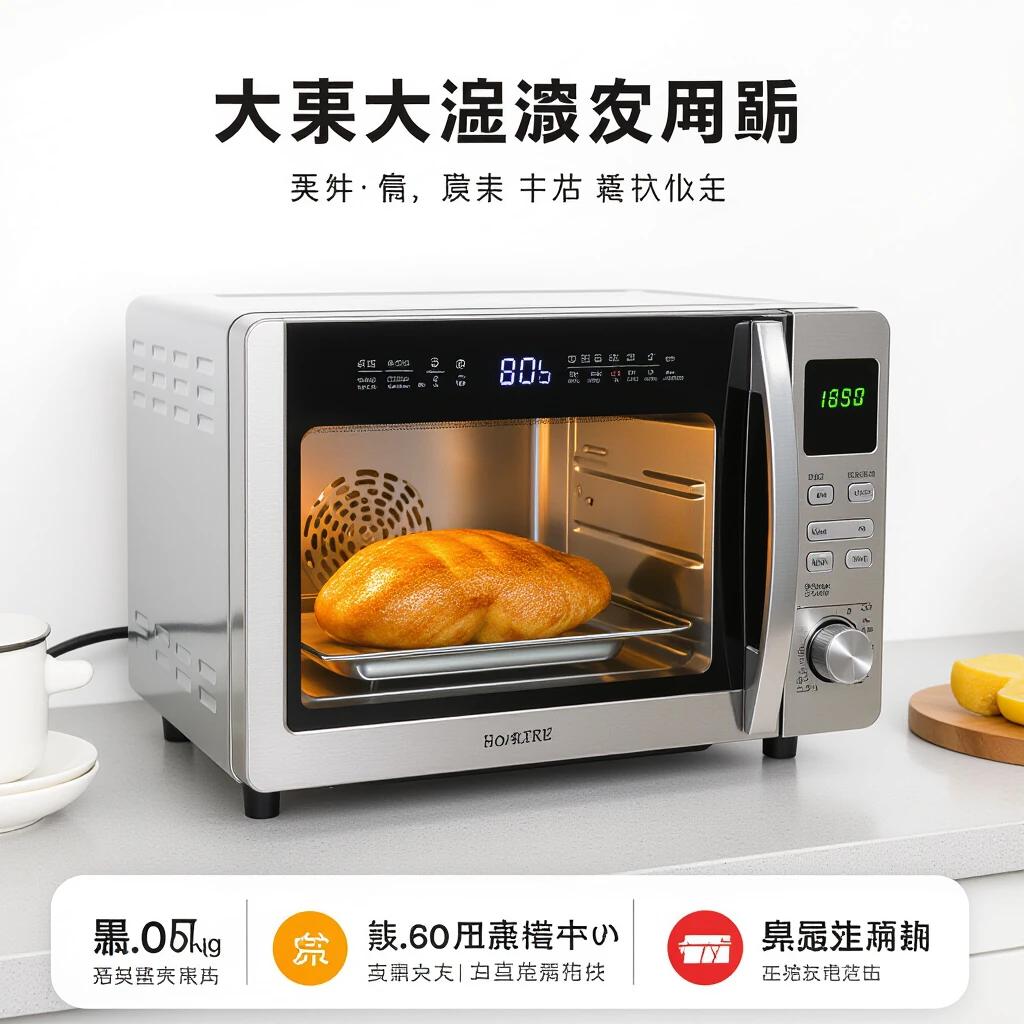 Photo of a microwave oven with a loaf of bread inside. The microwave is silver and black. The door is open demonstrating the inner workings. The setting is modern and minimalist.