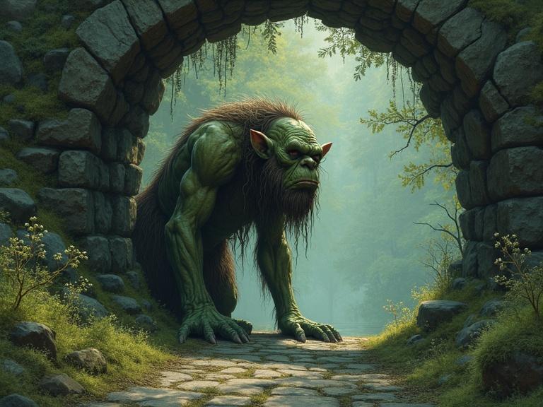 An illustration of a troll lurking beneath a stone bridge in a Scandinavian forest. Features mossy, earthy tones and a mystical atmosphere.