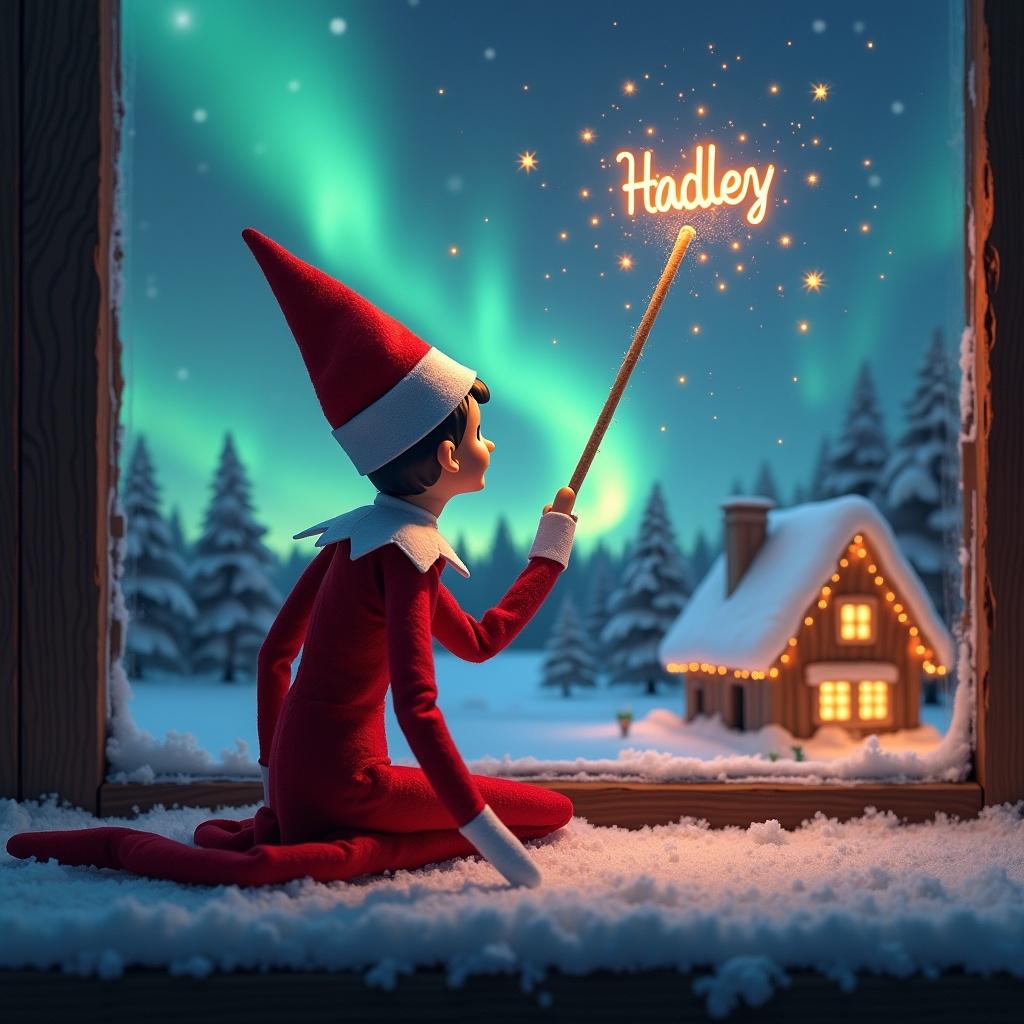 Elf on the shelf sits with back to viewer. Elf gazes skyward holding glowing wand. Colorful northern lights illuminate scene. Cozy house appears in distance. Snow covers the ground. Elf embodies magic and wonder of Christmas. Name 'Hadley' appears in air from wand.