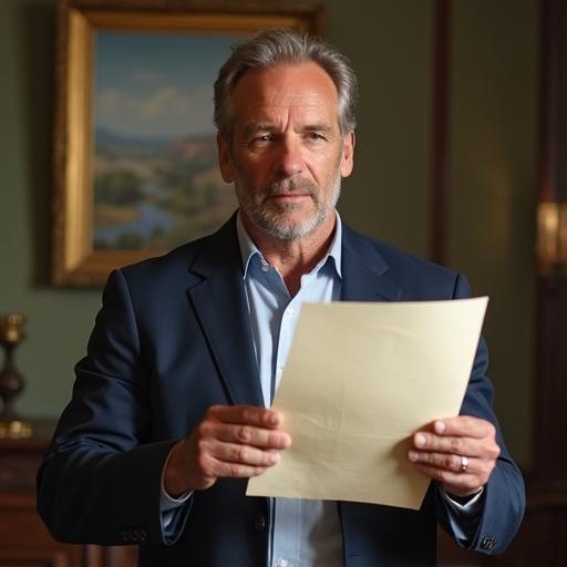 A man in a business suit stands holding a piece of paper. The setting features a green wall with a landscape painting in the background. The man has an earnest expression, suggesting importance in the document he holds.