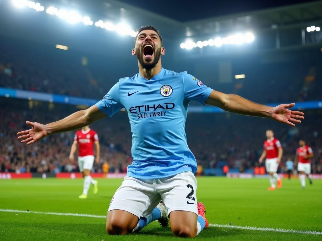 The image depicts a football player celebrating enthusiastically after scoring a goal. He is wearing a light blue jersey with the Manchester City logo, symbolizing the team's pride. The player is on his knees, arms spread wide in joy, showcasing profound excitement. The lush green pitch contrasts with the bright stadium lights. The backdrop is filled with spectators, enhancing the vibrant atmosphere of the moment. This capture perfectly encapsulates the intensity and passion of football culture.