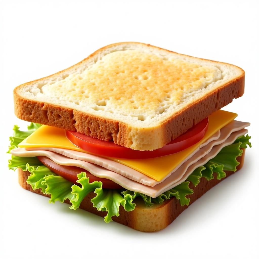 This image showcases an ultra-realistic sandwich made with sliced turkey and cheese. The sandwich is layered with bright iceberg lettuce, fresh tomato slices, and cheddar cheese, all nestled between two slices of toasted bread. The ingredients are arranged to create an appetizing appearance, making it look delicious and fresh. The lighting highlights the textures and colors of the sandwich, enhancing its appeal. Perfect for food blogs or restaurant menus showcasing healthy meal options.