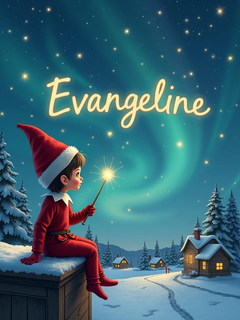 An elf sits on a wooden ledge gazing at a magical sky. The elf wears a red outfit with a pointed hat. The elf holds a sparkling wand. The elf writes the name ‘Evangeline’ in the starry sky. The background shows a snowy landscape with charming houses and evergreen trees under Northern Lights. The scene captures childhood magic and Christmas cheer.