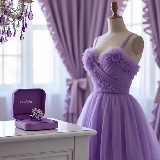 Amethyst flower shaped ring, necklace and earrings in jewelry box on white table. Dress form with lavender formal gown with ruffles. Windows with lavender ruffle curtains. Chandelier with amethyst crystals.